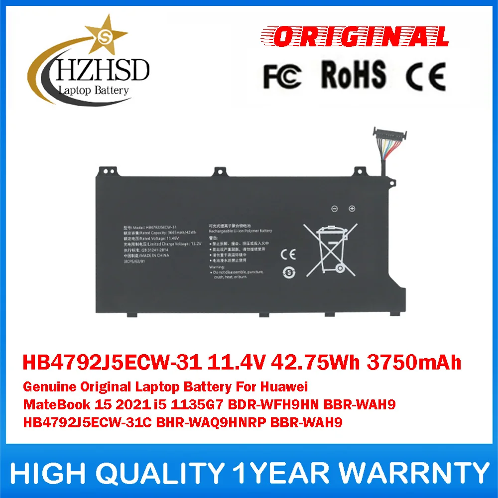 HB4792J5ECW-31 11.4V 42.75Wh 3750mAh Genuine Original Laptop Battery For Huawei MateBook 15 2021 i5 1135G7 BDR-WFH9HN BBR-WAH9