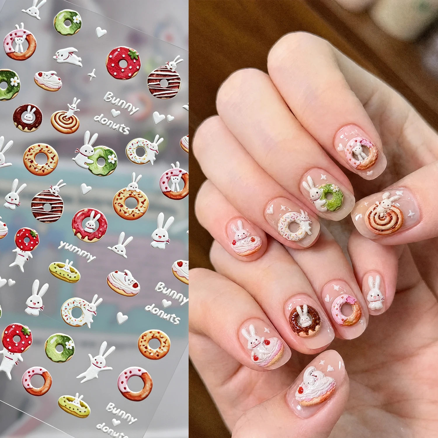 1Pcs 5D Embossed Bunny Donut Nail Stickers Kawaii White Rabbit Dessert Self Adhesive Nails Decals Sweet Doughnut Manicure Decor