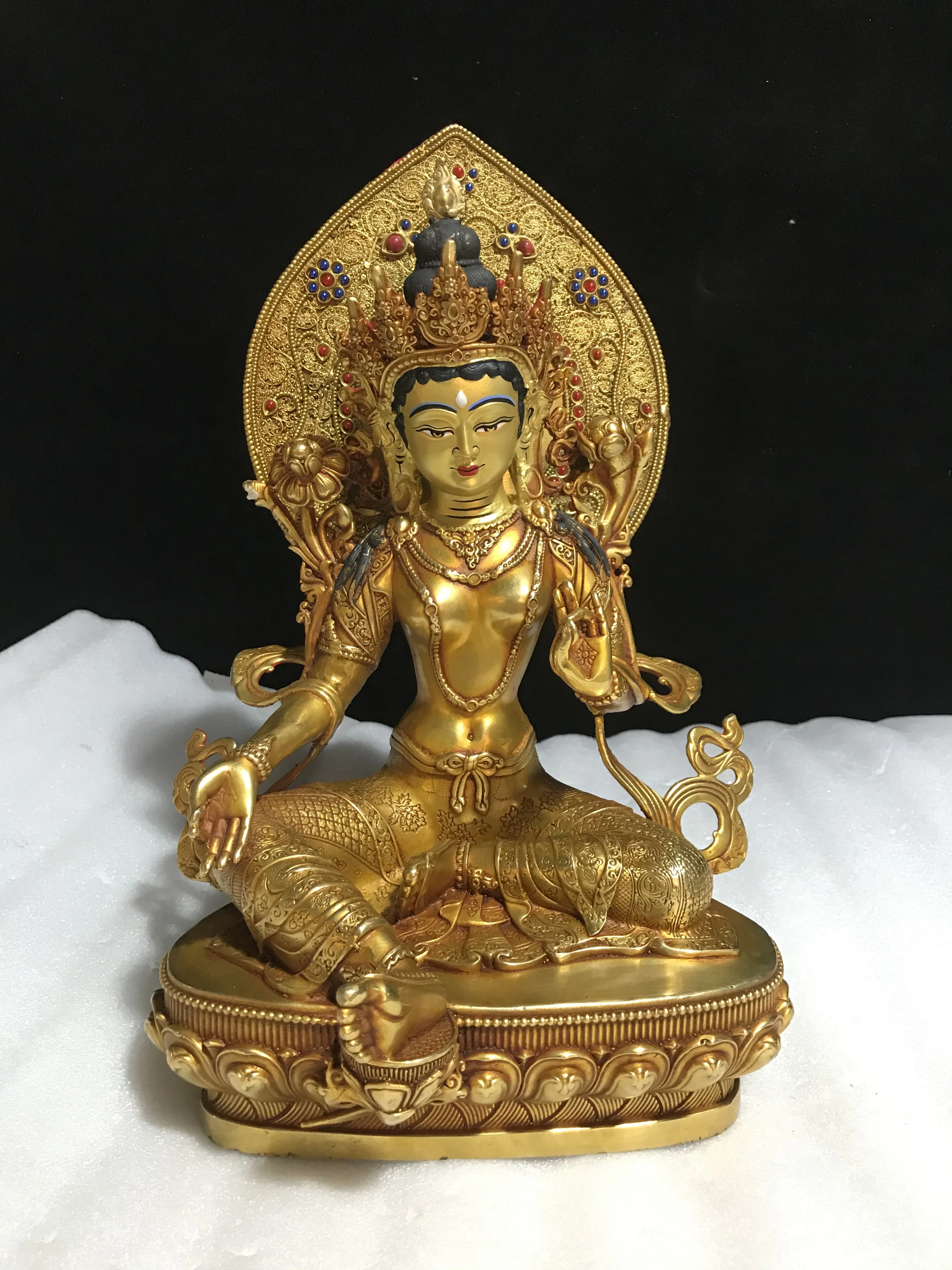 

10 inch Tibetan Pure Copper Gilded Green Tara Buddha Statue Brass One Foot Backlit Tantric Bronze Statue Ornament