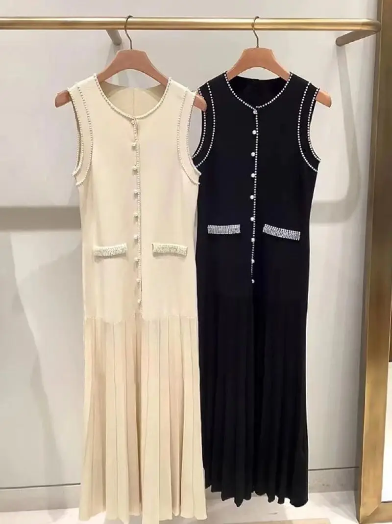 Women 2-Colors Knitted Robe Pearl Embellished Sleeveless Round Neck Slim Elegant Autumn 2024 Knitted Midi Dress