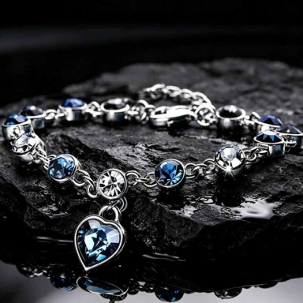 Women Silver Color Lucky Bracelet Female Blue Crystal Heart Charm Pulseras Bracelet Wedding Engagement Fine Jewelry Gift
