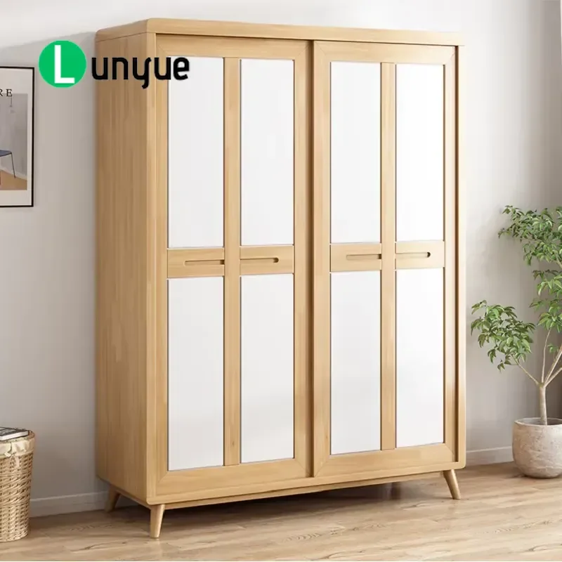 Nordic Solid Wood Sliding Door Wardrobe Modern Simple Design for Small Apartment Master Bedroom Living Room Economical
