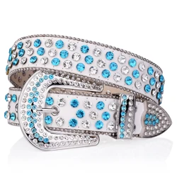 Rhinestone shiny blue crystal belt men's and women's hip-hop Western cowgirl jeans belt punk buckle jeans belt