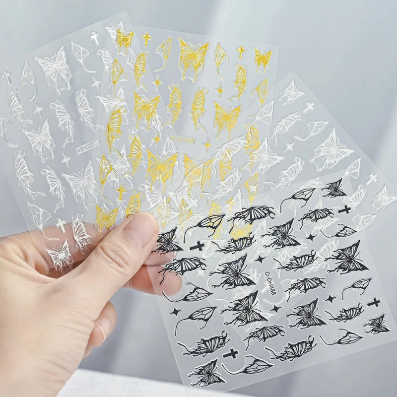 6Pcs Nail Back Adhesive Waterproof Sticker Y2K Butterfly Shape Laser Gradient Color Kawaii Bow Cute DIY Nail Decoration Art