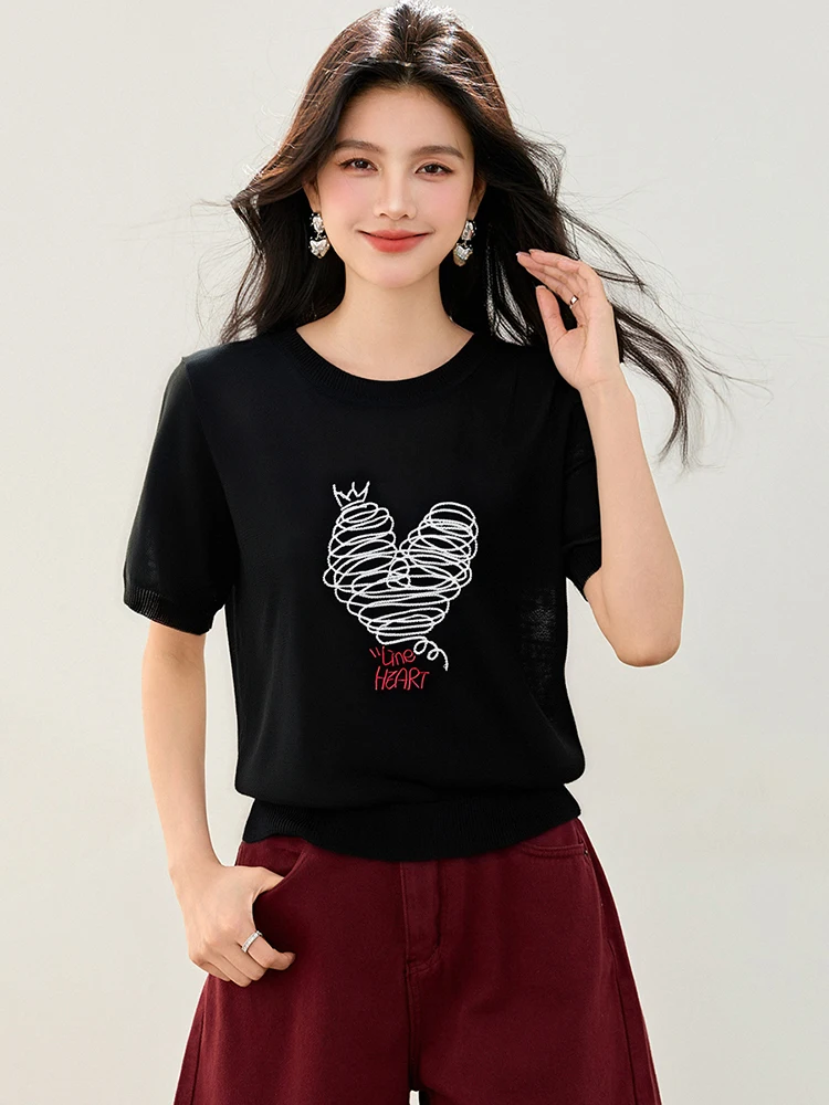 2025 夏の新ファッションルーズプリントラウンドネックトップカジュアル多用途半袖 Tシャツニッチデザイン Tシャツ