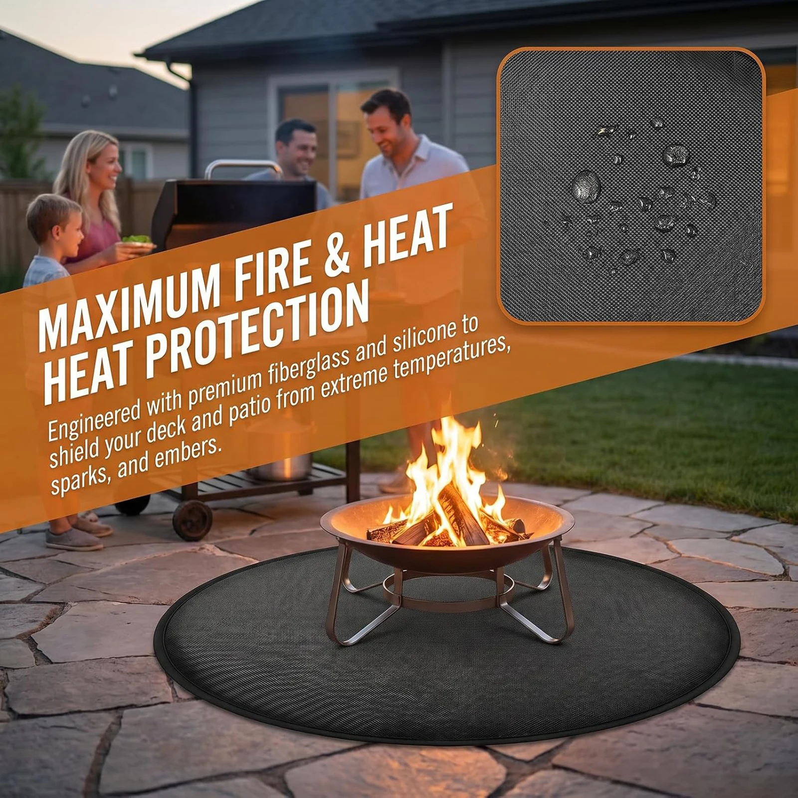 24 Inch Fire Pit Mat 3-Layer Round Fireproof Mat Heat Insulated Fibreglass Silicone BBQ Mats for Decking Grass Patio Protector