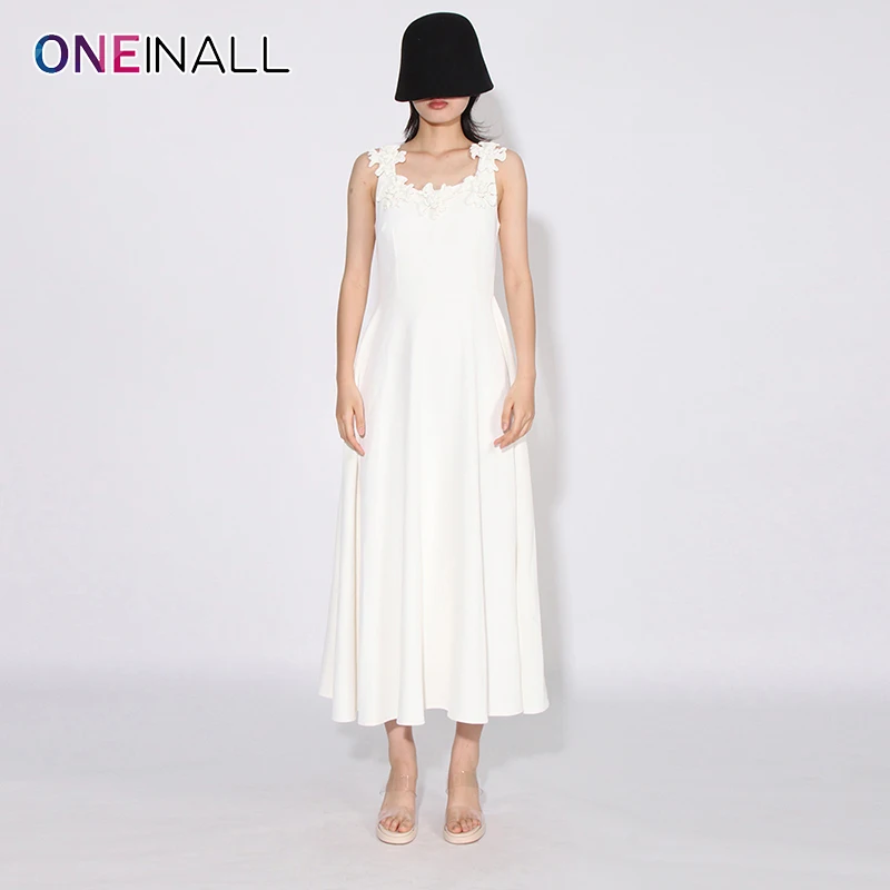 

ONEINALL Elegant Long Dresses For Women Square Collar Camisole Sleeveless Spliced Flower Backless Solid Dress Female Clothes New