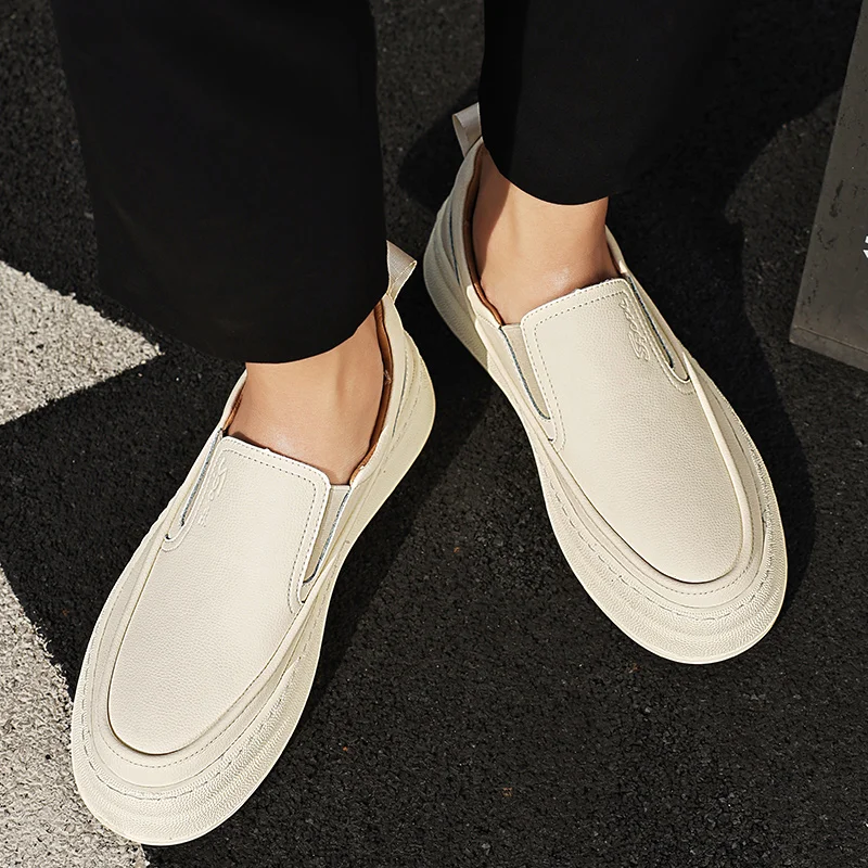 Youth Latest Trend Men Leather Casual Outdoor Shoes Platform Loafers Slip-on High Quality White Minimalist Thick Bottom Sneakers