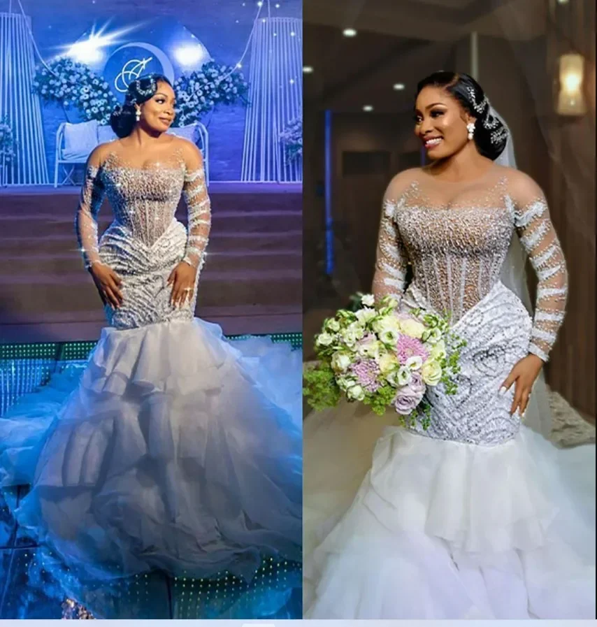 Customized  See Through Beads Pearls Mermaid Wedding Dress Plus Size Illusion Long Sleeves Multi-Tiered Ruffles Bridal Gowns