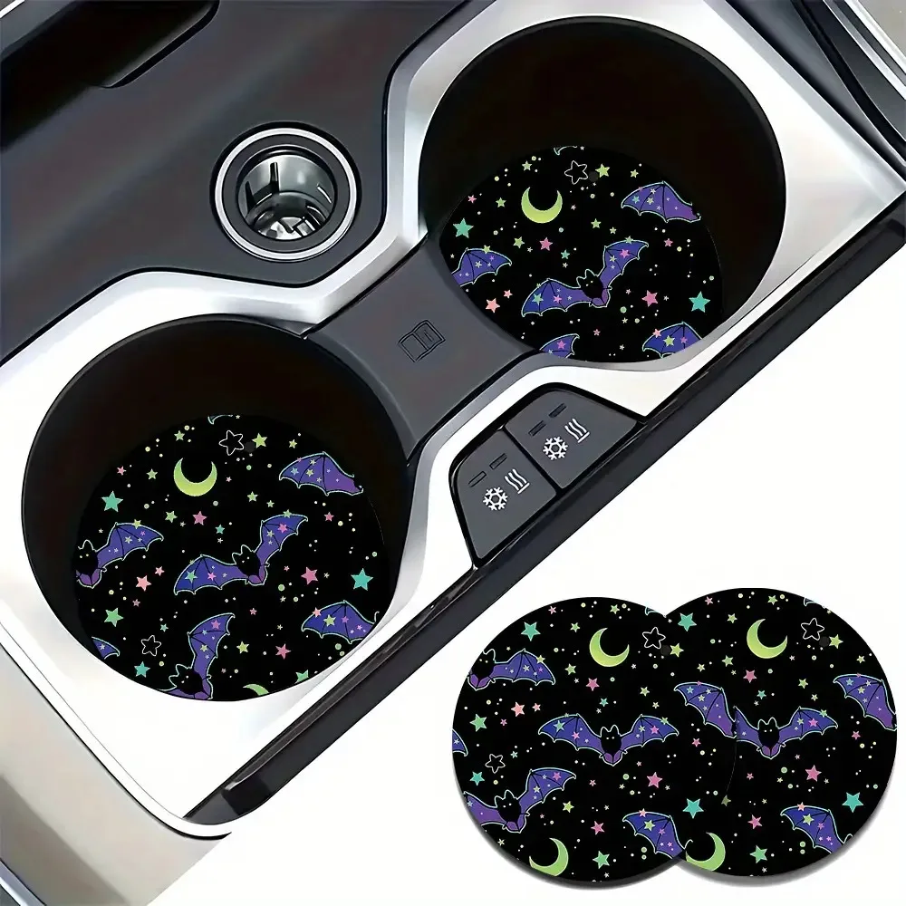 2pcs Starry Bat Pattern Car Cup Holder Coasters, Fashionable Design, Suitable For Back To School, Office, Or Car Use, Office Dri