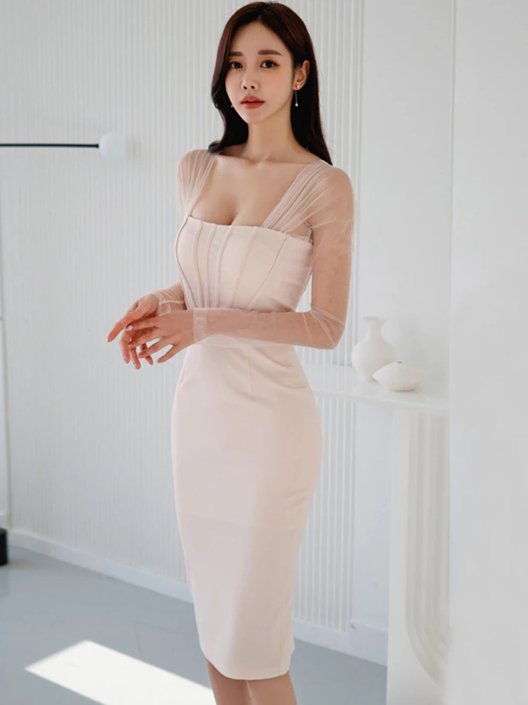 New Spring Autumn Women Evening Dress Mujer Mesh See Through Sexy Strapless Backless Midi Dresses Party Grwm Robe Femme Vestidos