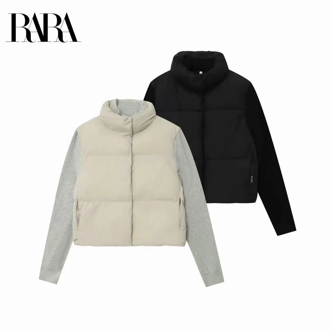 

RARA Women's New Knit Long Sleeve Patchwork Cotton Padded Coat Casual Fashion Stand Collar Long Sleeve Cotton Padded Jacket