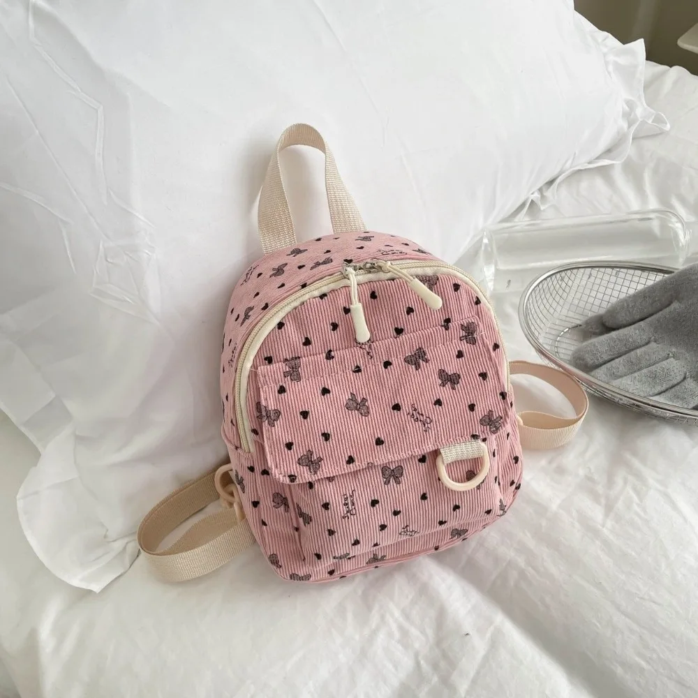 Sweet Corduroy Mini Backpack Lightweight Multi-compartment Casual Backpack Heart Bow Print Zippered Opening Shoulder Bag School