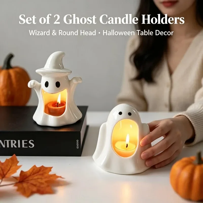 Cute Ghost Ceramic Tealight Candle Holder Wizard Ghost Figurine Halloween Tabletop Decor Aromatherapy Candle Holder Gift