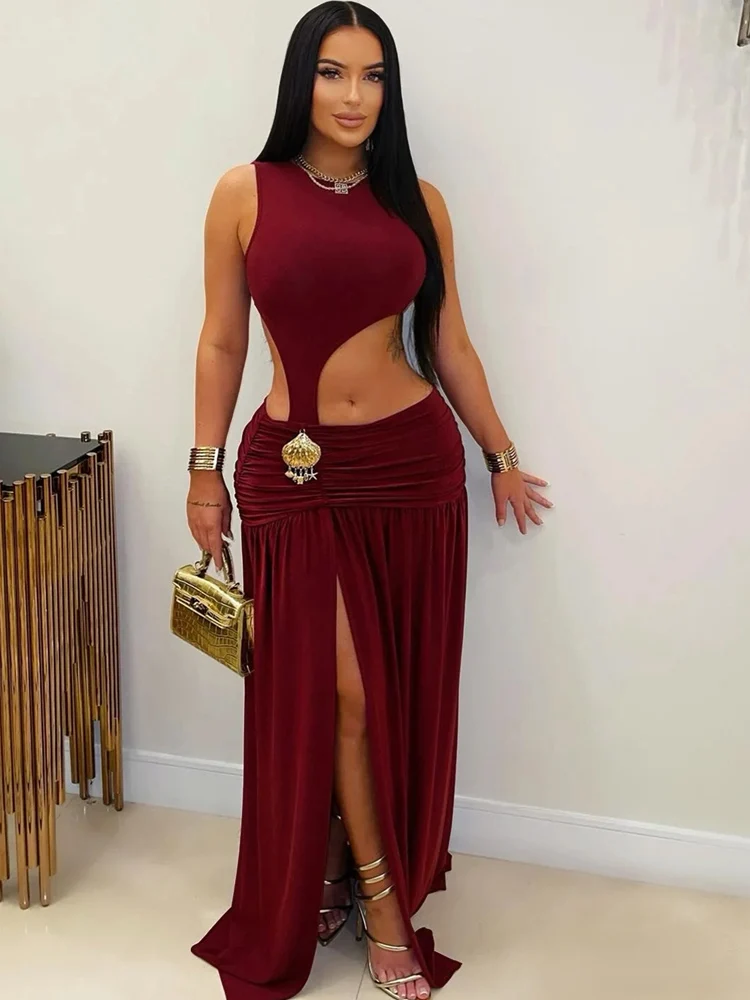 Kricesseen sexy recorte fenda maxi vestido chique feminino sem mangas ruched alta divisão clube vestido de festa roupas de natal noite fora wear
