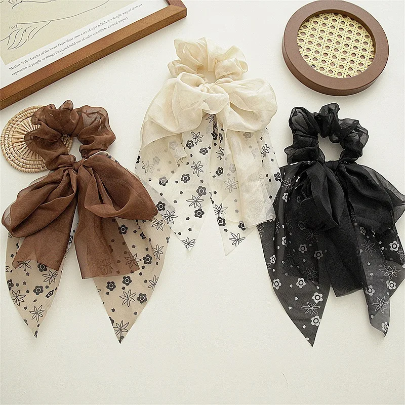 Summer Chiffon Mesh Bow Ribbon Hair Band Women's Elegant and High-end High Elasticity Hair String Fashionable Hair Accessories