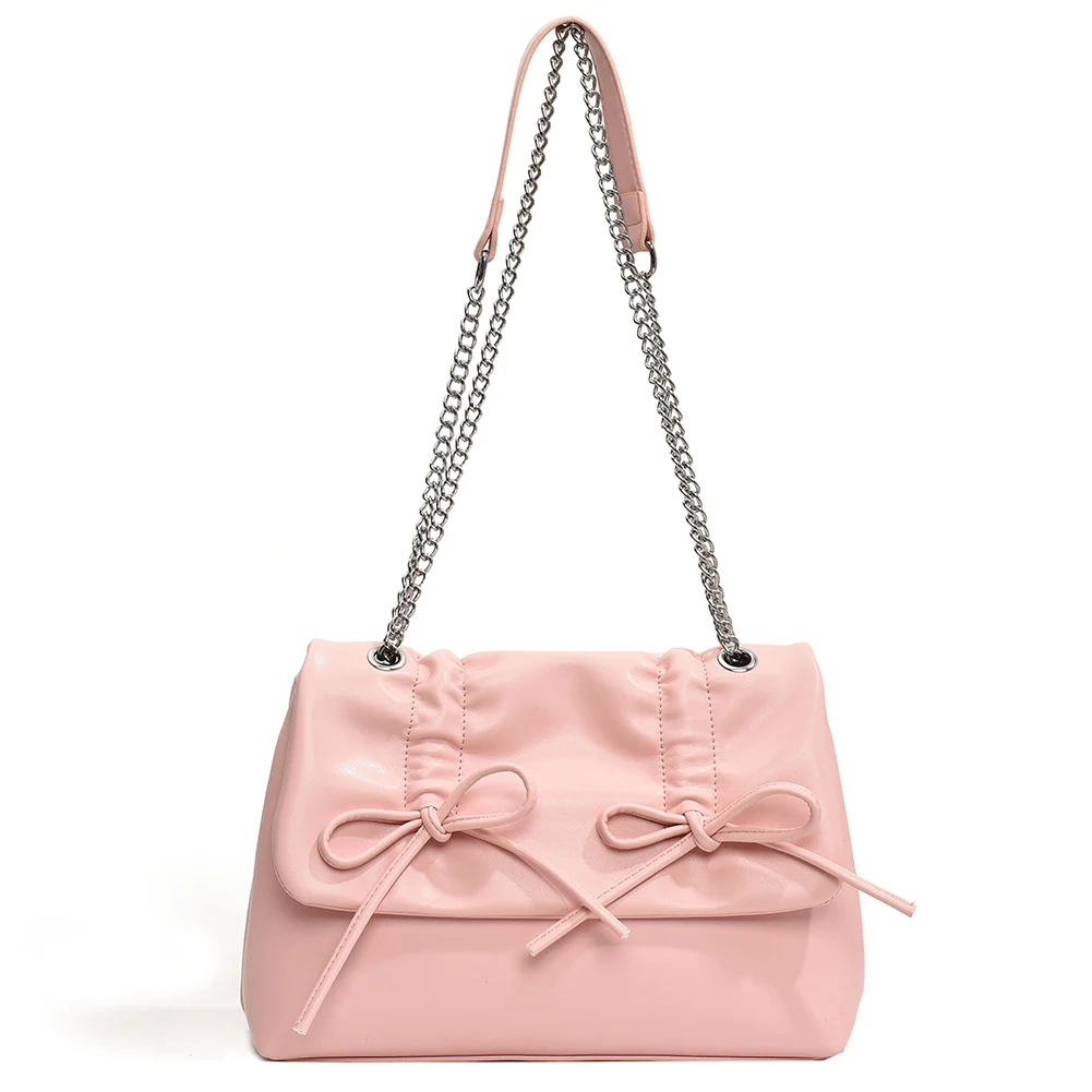 

Bow Tie Ladies Handbag with Chain Strap PU Leather Casual Shoulder Purse Flap Fashion Tote Bag Underarm Bag for Women and Girls