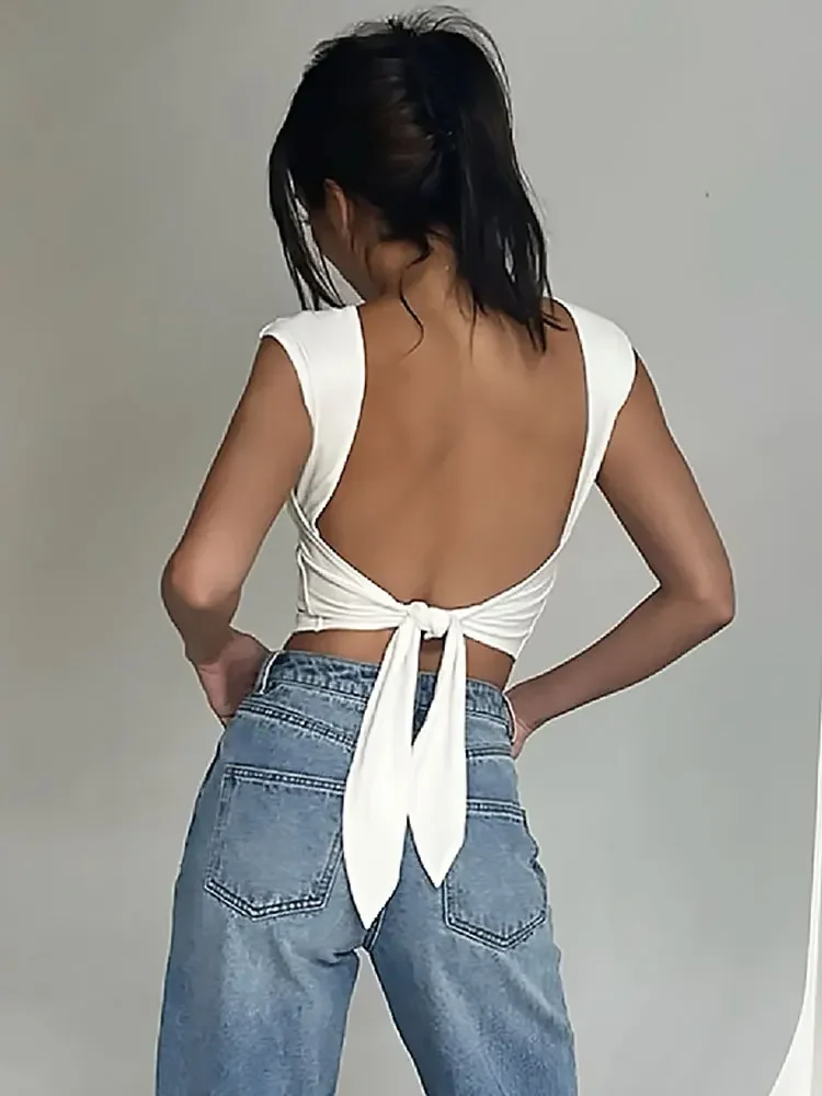 

Backless Slim Bandage Crop top Female Sexy Fashion Sleeveless High Street Solid Lace-Up Vest For Women Y2k Top Women's