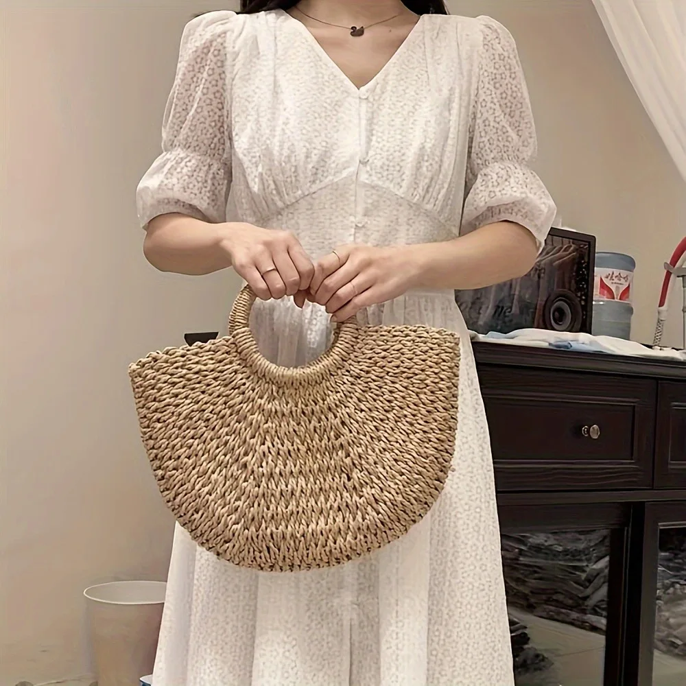 

Outdoor Beach Handbag solid color Hollow straw bag Half-Moon Large Capacity Women Summer tote Grass woven bag Handwoven