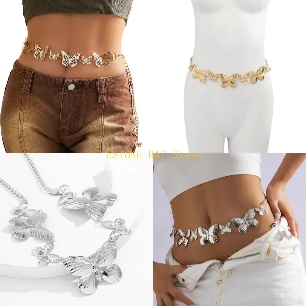 49MF Stomach Chain Butterfly Belly Chain Layered Body Chain Butterfly Waist Chain Belt Skirt Chain y2k Pant Chain Jeans Belt