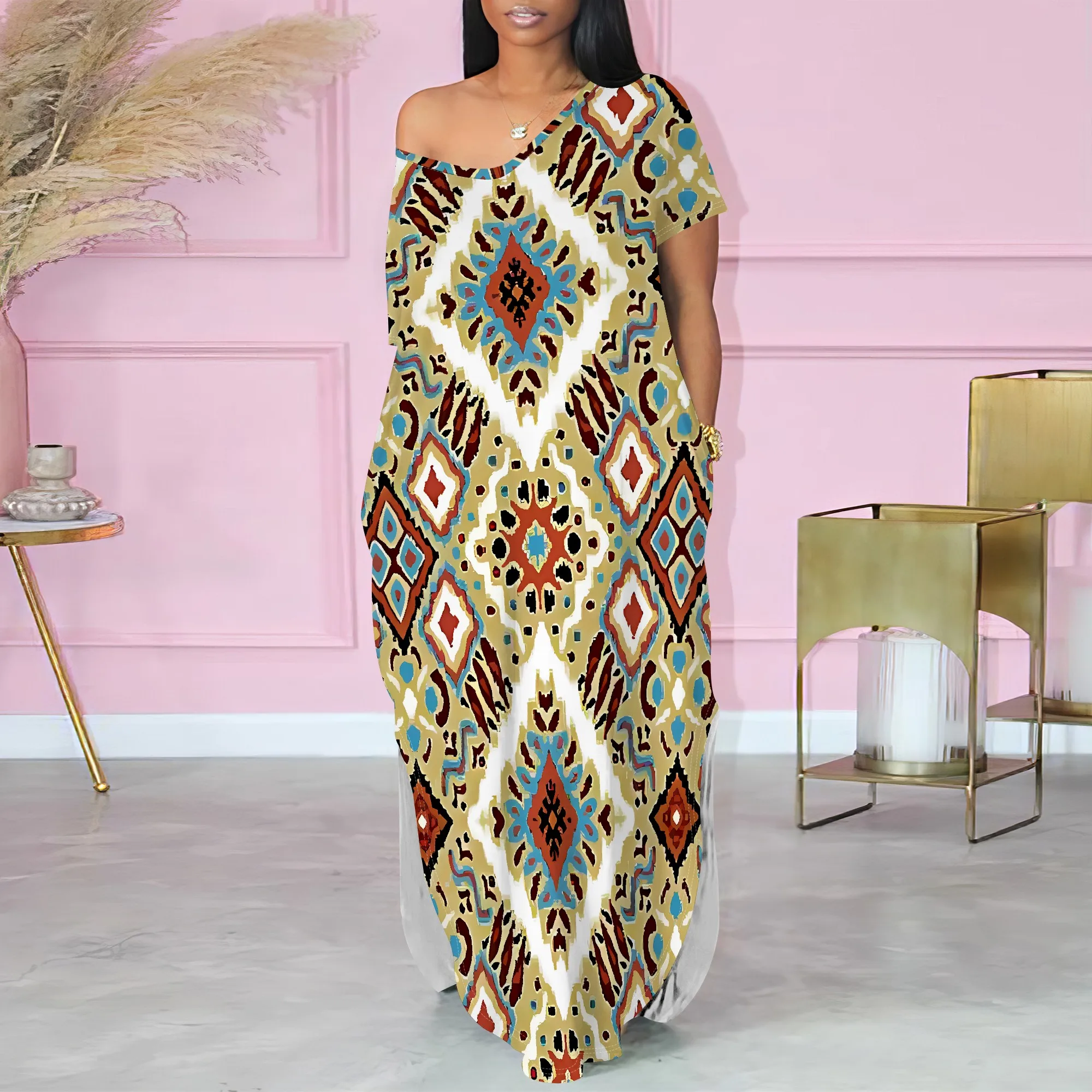 Nupusa Abito lungo da donna Boho con stampa etnica Abito lungo estivo casual con spalle scoperte e vestibilità ampia con tasche