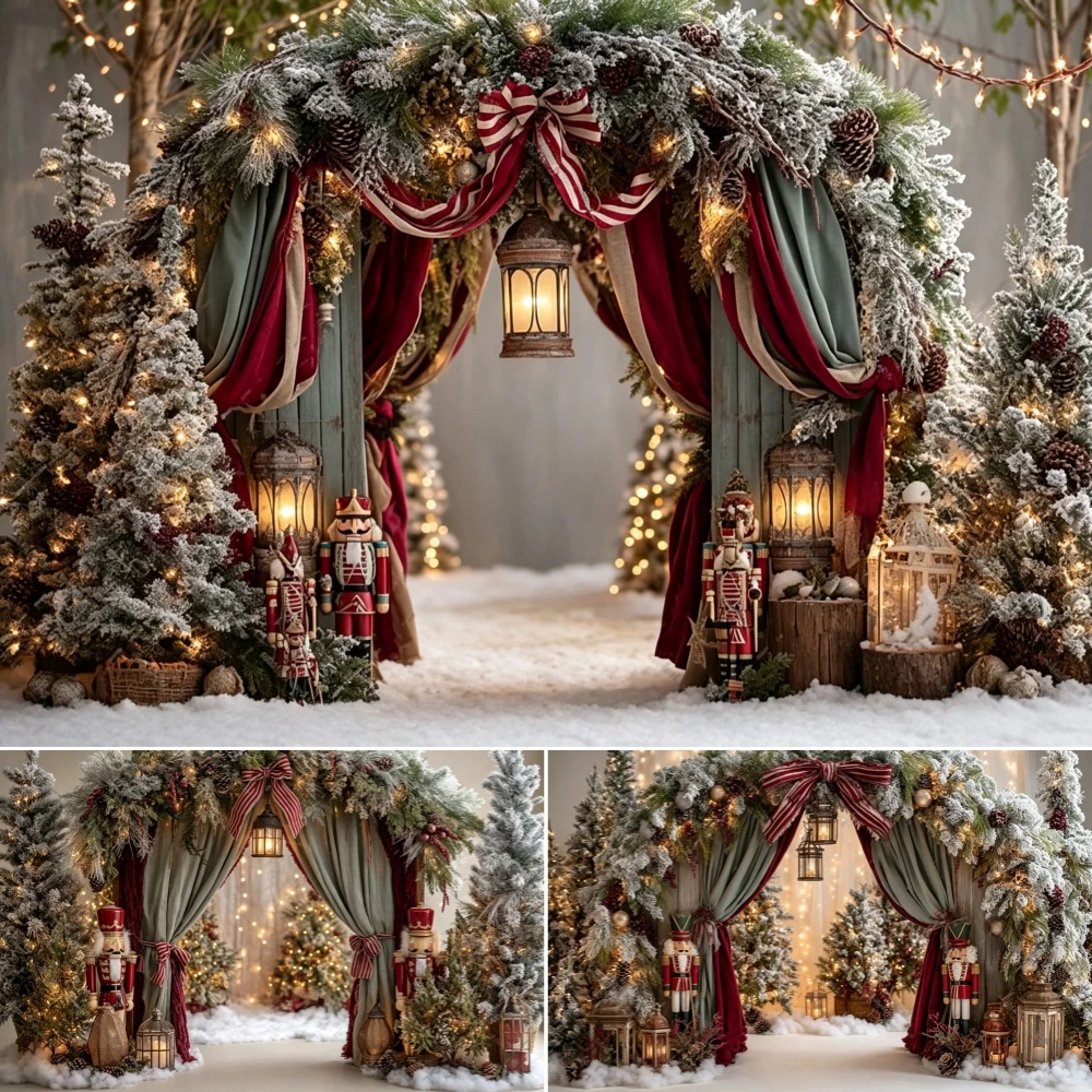 Winter Christmas Snowy Forest Arch Photography Background Xmas Tree Kids Family Portrait Decor Backdrop Photo Studio Props