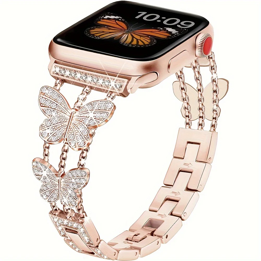 

Металлический ремешок для Apple Watch Band Ultra 4 мм 45 мм 40 мм 41 мм 49 мм Bling Butterfly Браслет-цепочка для iWatch Series 9 8 7 6 5 SE 4 3