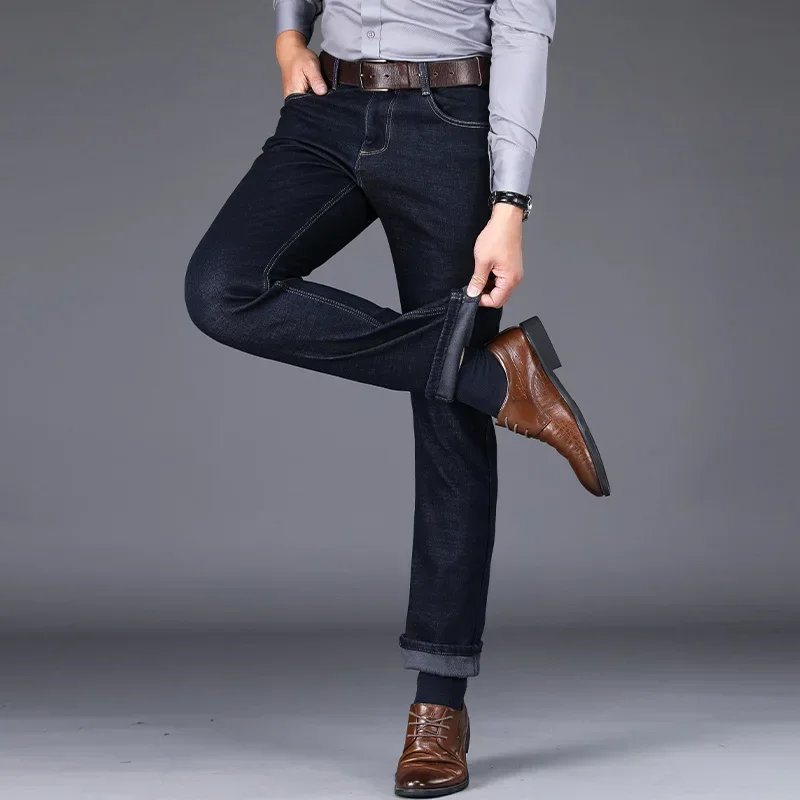 Pantalones vaqueros cálidos de lana para hombre, pantalón vaquero grueso informal de negocios de estilo clásico, corte Regular, color negro y azul, novedad de invierno de 2024