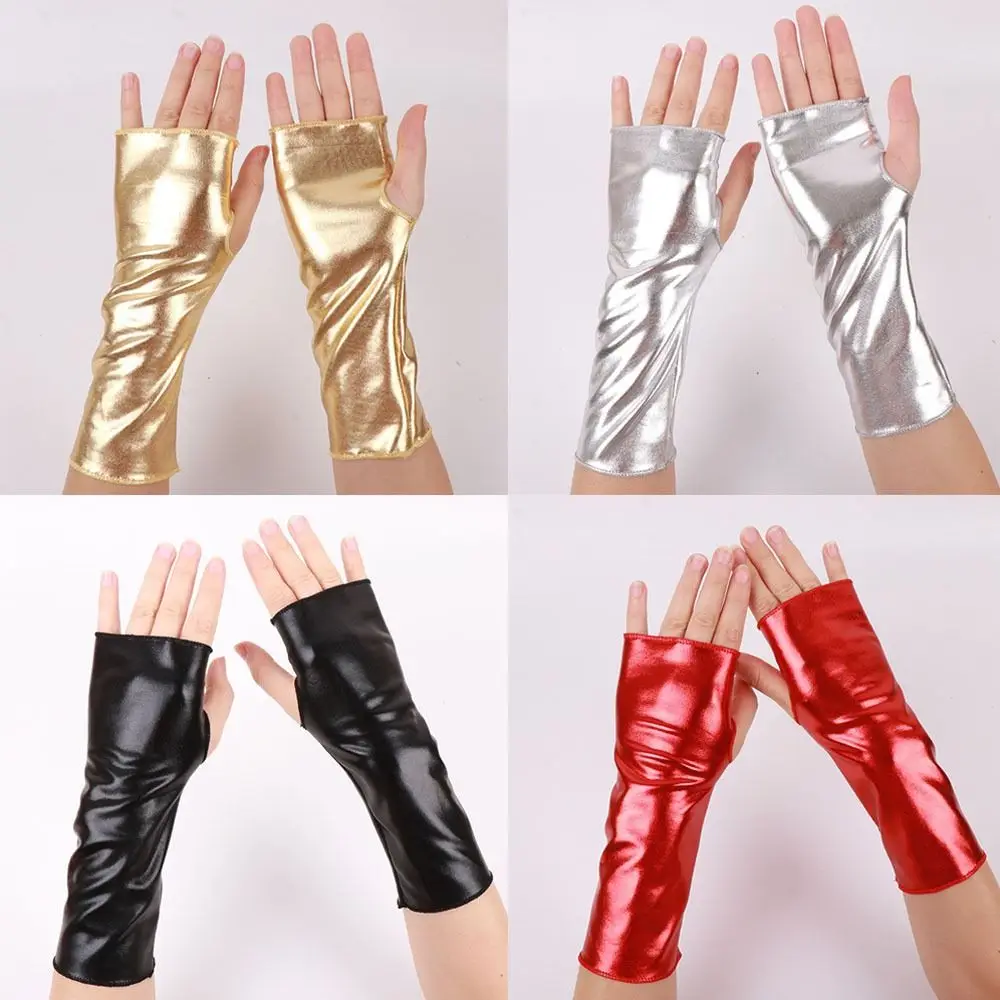 1 Pair Glossy Finish Fingerless Gloves Thin Punk Style Black Leather Gloves Girl's Sleeve Set Imitation Leather
