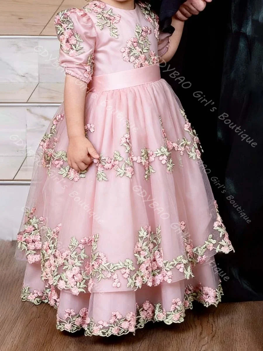 Princess Custom Tiered Tulle Flower Girl Dress for Wedding with Embroidered Appliques Puff Sleeve Pageant  Birthday Party Gown
