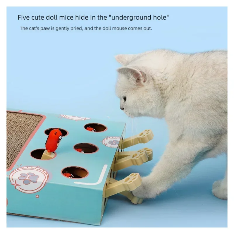 3-in-1 Interactive Cat Toy Maze Game Box with Scratcher Funny Stick Mouse Chase Hunt Educational Gophers Hit Feature for Cats