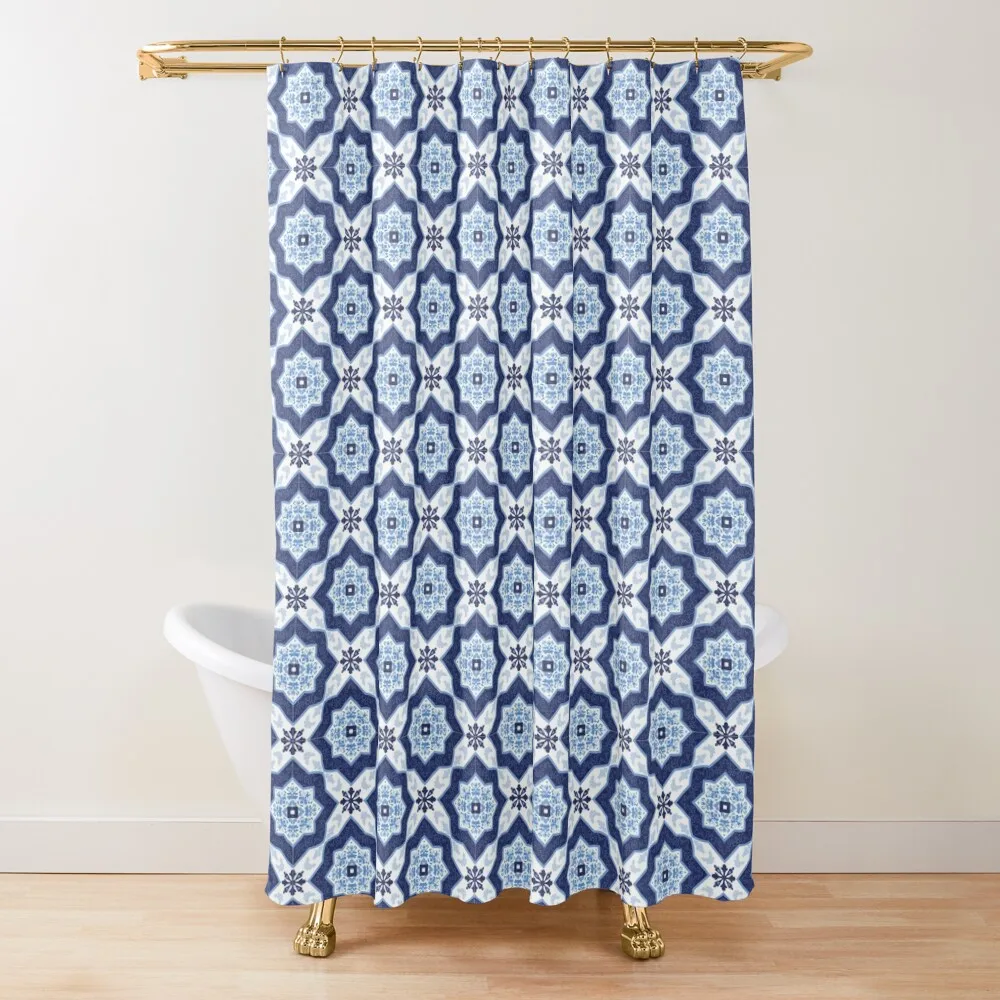 

Mediterranean ceramic tile ~ Andalusia porcelain ~ Moroccan tile ~ Portuguese patchwork White & blue stars Shower Curtain