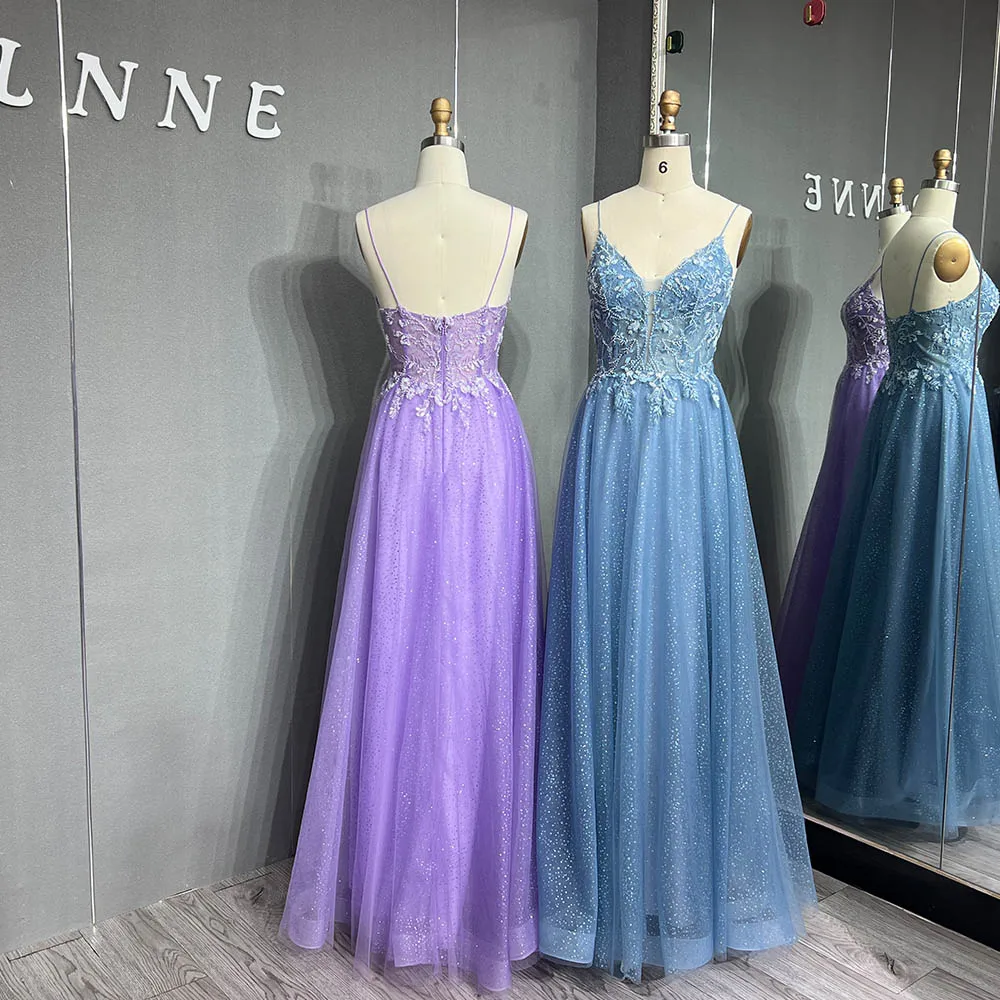 Sparkling Lilac Straps Long Prom Dresses Lace Appliques Beading Formal Women Party Gown 2023 Vestido