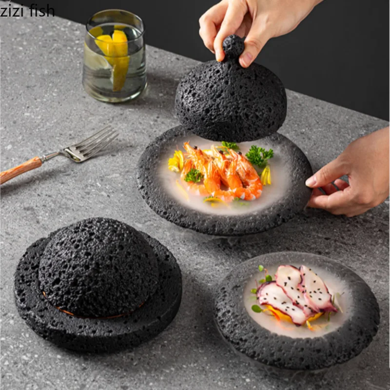 Meteorite Tableware Cement Dining Plate Dry Ice Tray Sashimi Dish Planet Bowl Dessert Bowl Fruit Plates Sushi Plate Steak Plates