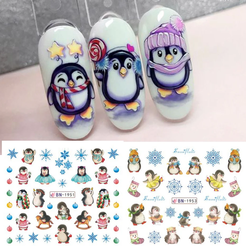 12pcs Cute Penguin Winter Nail Stickers uccelli Bear Cat Cartoon Animal Snowflake Sliders decalcomanie per l'acqua decorazione Xmas Tips Foils