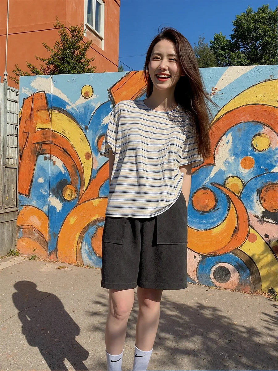 Pantalones cortos de pierna ancha para parejas, pantalones cortos holgados de cintura alta con bolsillos grandes, ropa informal vaquera a la moda, azul, verano