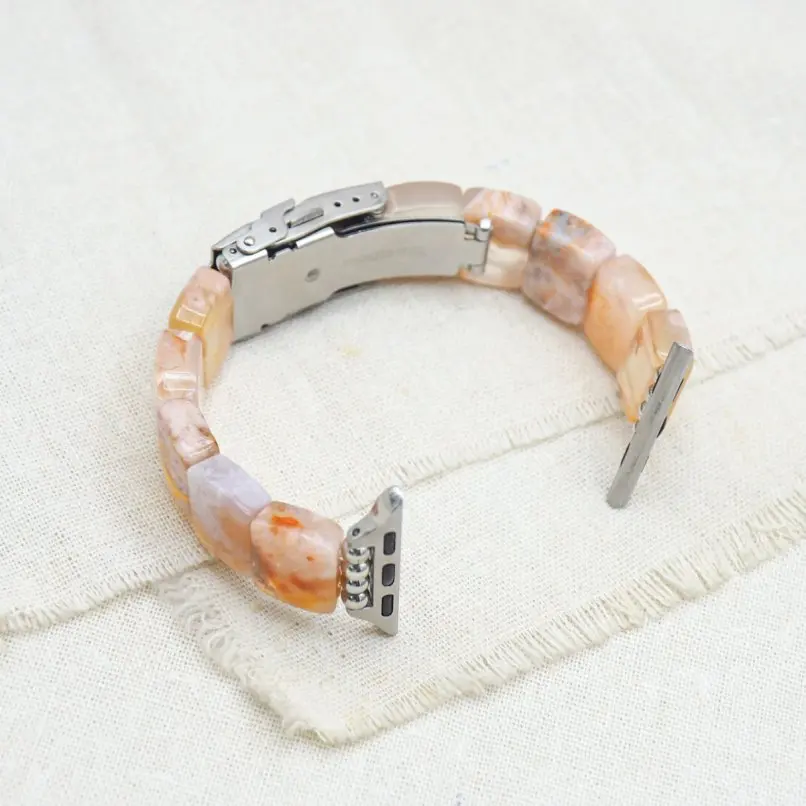 

Handmade Watch Strap for Apple Watch Folding Buckle Strap Cherry Blossom Agate Rounded Rectangular Strap Specially Customized