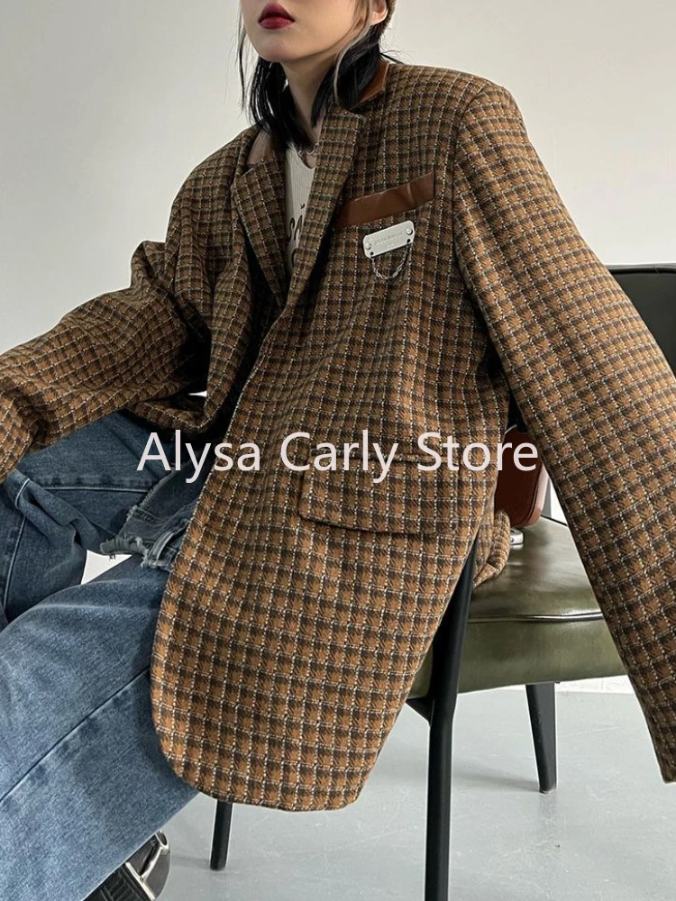 Fashion High Street Blazer Women Winter Elegant Chic Plaid Design Coat Female Streetwear Trend Casual Vintage Outerwear 2024 New