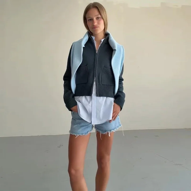 Damenmäntel mit Stehkragen, Doppelreißverschluss, kurzer Strickcardigan, Herbst, Damen, lange Ärmel, Taschen, einfarbig, schlanke Strickwaren, neue Oberteile – Detail 5