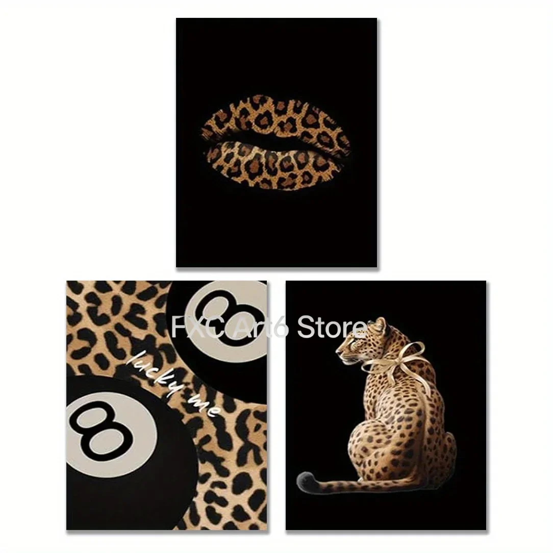 3pcs frameless -2D Flat,, [2D Flat] s  Vintage Leopard  Canvas Wall Art Leopard Vintage Lucky Poster