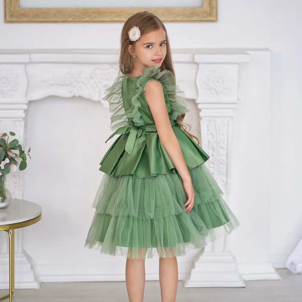 Girls tiered tulle dress, children's pleated bow princess dress, wedding flower girl dress, birthday party performance dress