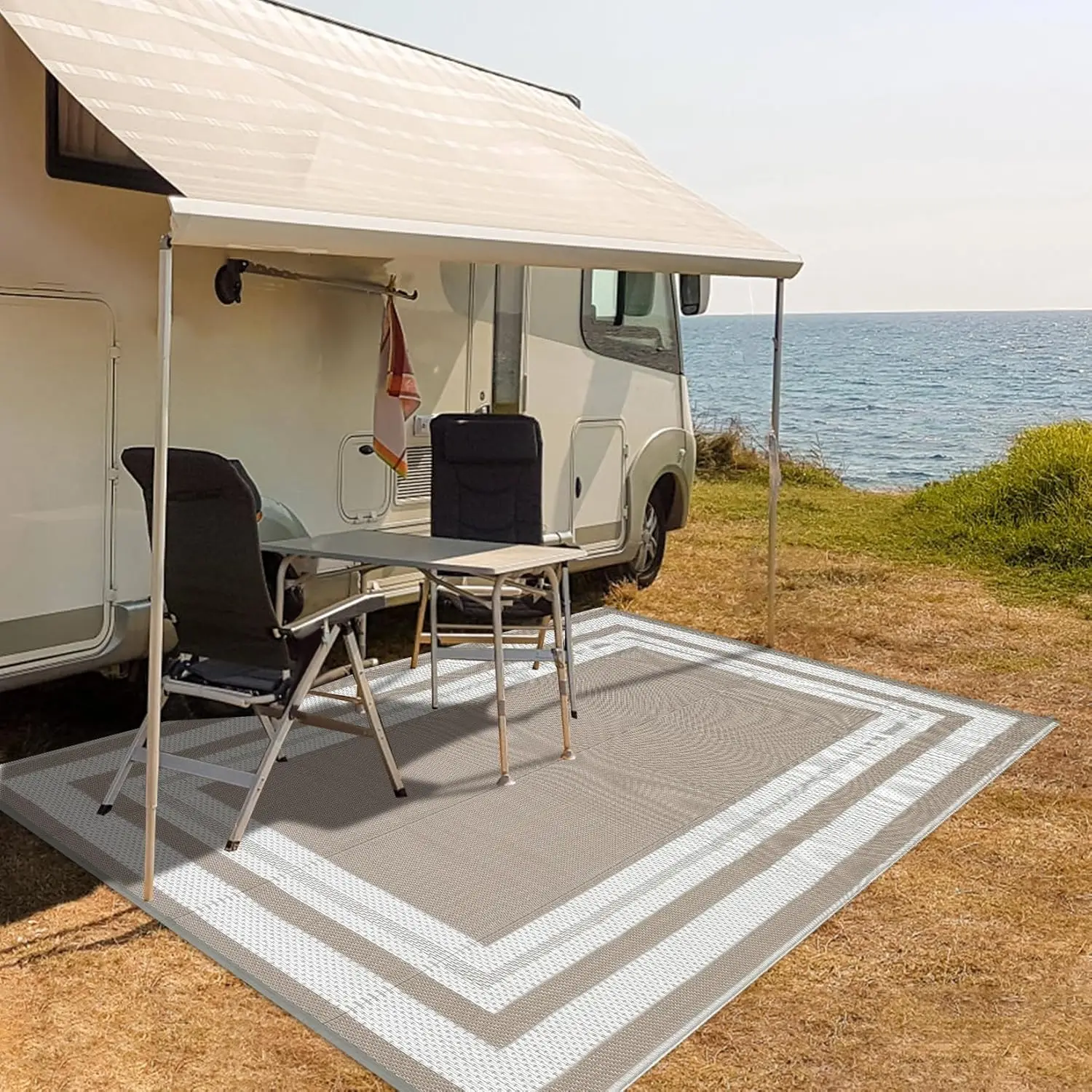 9x12 Outdoor Rug – Waterproof Reversible Plastic Straw Mat for Patio, RV, Camping, Picnic, Backyard, Deck, Balcony, Porch, Beach – Light Coffee/White