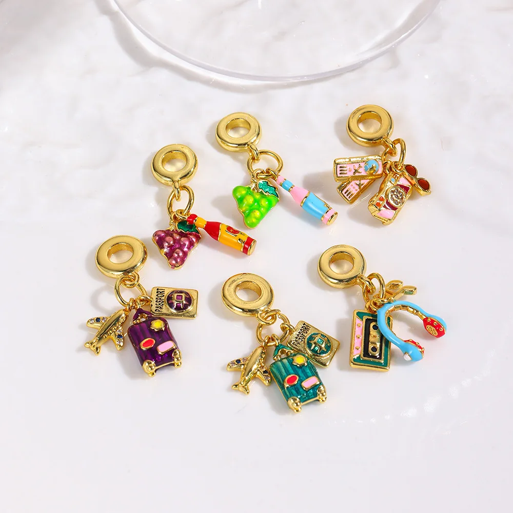 3 copper drop oil grape cola suitcase passport camera earphone three-piece set large hole channeling bead pendant accessories