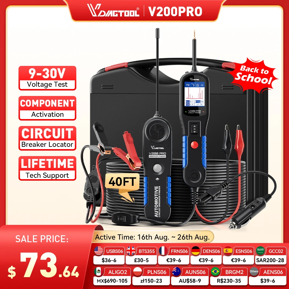 VDIAGTOOL V200PRO 12V/24V Kfz-Stromkreisprüfer mit 40FT/12M Kabel, Relais- und Sicherungstester, Einspritzventil-Kurzschlussdetektor（Versand aus Europa）
