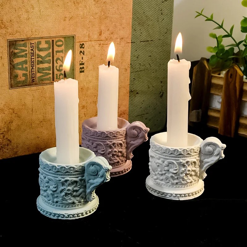 DIY Silicone Mold Retro Embossed Pattern Candle Holder with Handle Candle Decorative Ornaments Plaster Mold Home Decor