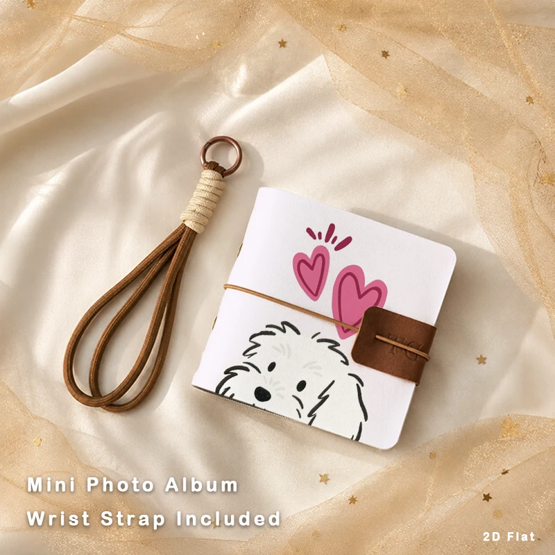 Lovely White Puppy Heart Pattern Mini Pocket Photo Album Portable Handheld Picture Book with Wrist Lanyard Memory Collecting Alb