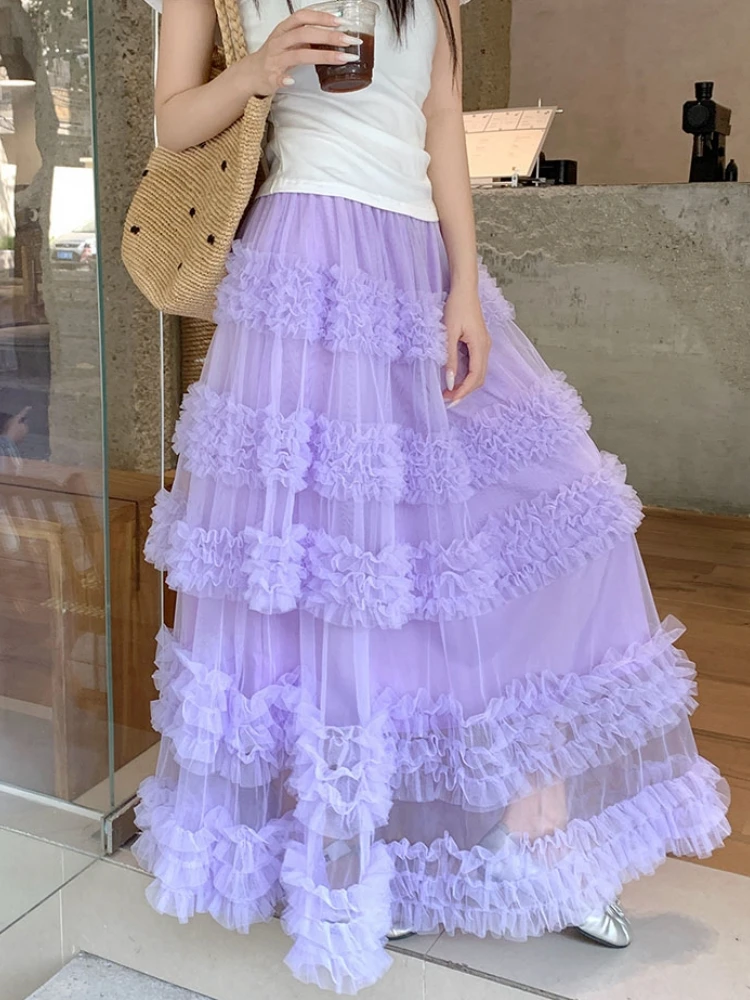 

Юбка макси Qiukichonson для женщин, пышная, в стиле готика/лолита, весна-лето, с эластичной талией, асимметричная, с рюшами и оборками