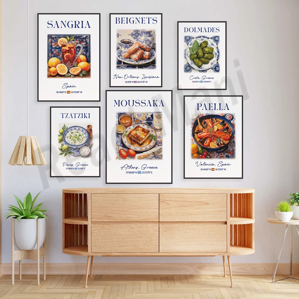 Paella, tiramisu, drink, greek tzatziki sauce, sangria, smoothie, blue Azulejo tiles, dessert, cooking, food decoration poster