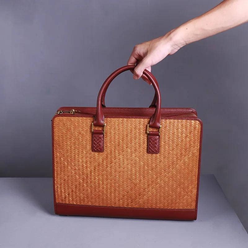 Leather plus bamboo briefcase men's handbag women's handbag computer bag