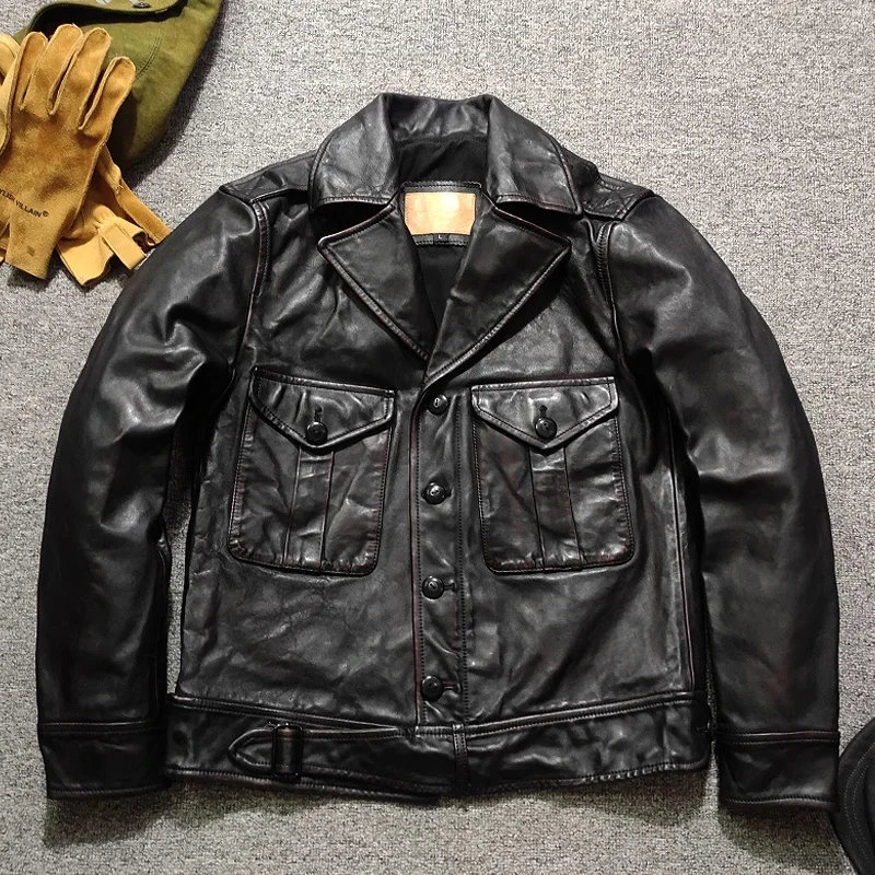 YR!Free shipping.2024 brand new rider genuine leather jacket.Luxury vintage black tea core horsehide coat.japan style